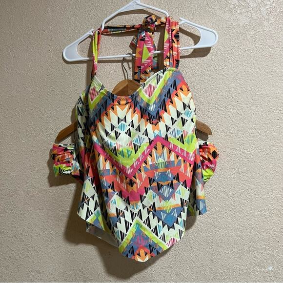 BECCA geometric bathing suit - halter top high waist ruched bottom plus size 1X - Picture 2 of 10